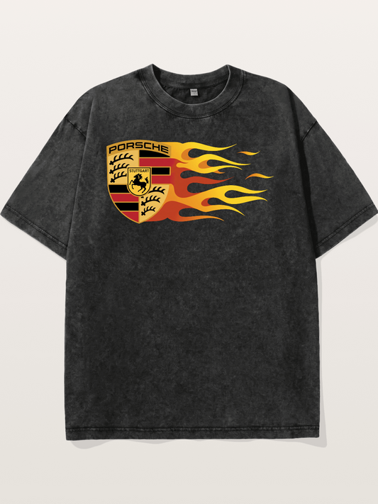 Porsche Crest With Flame Accents Washed T-shirt