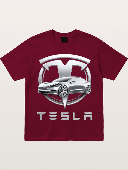 Tesla Silver Metallic Logo Print Gildan T-shirt
