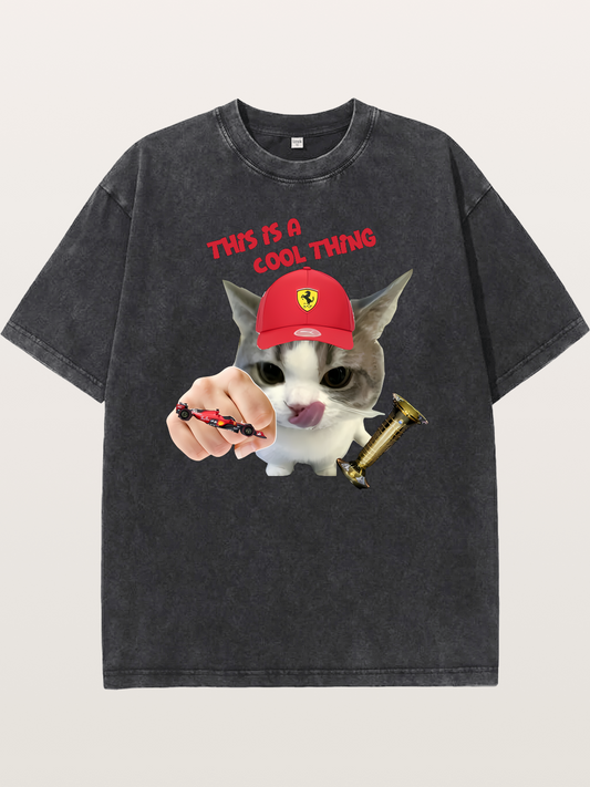 Ferrari Cat F1 Meme Washed T-shirt