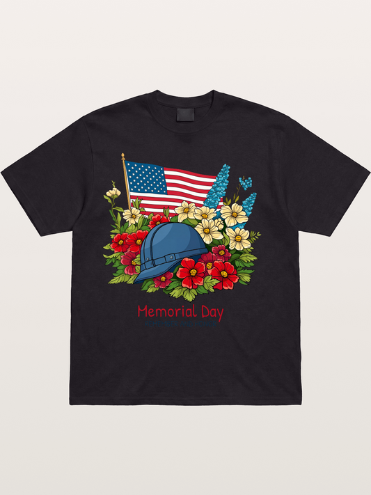 Memorial Day Flowers Helmet American Flag Cotton T-shirt
