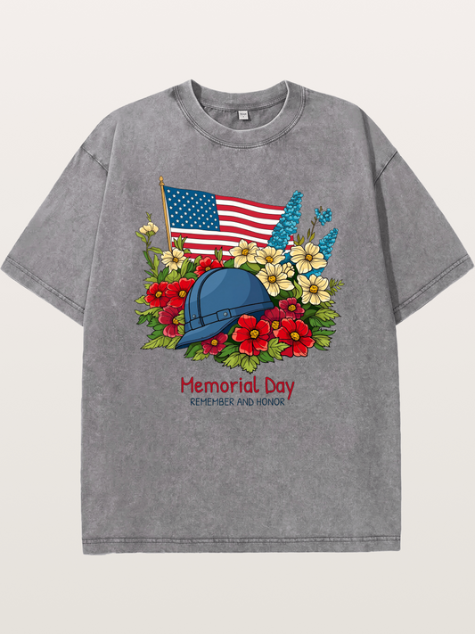 Memorial Day Flowers Helmet American Flag Washed T-shirt