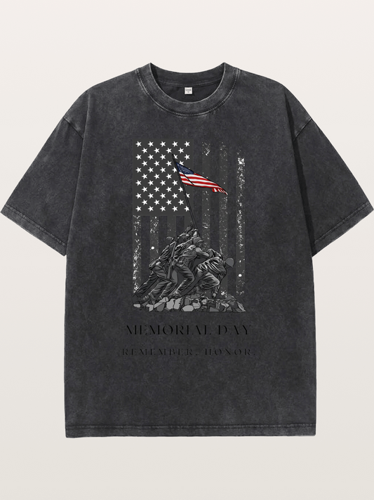 Memorial Day Flag Raising Print Washed T-shirt