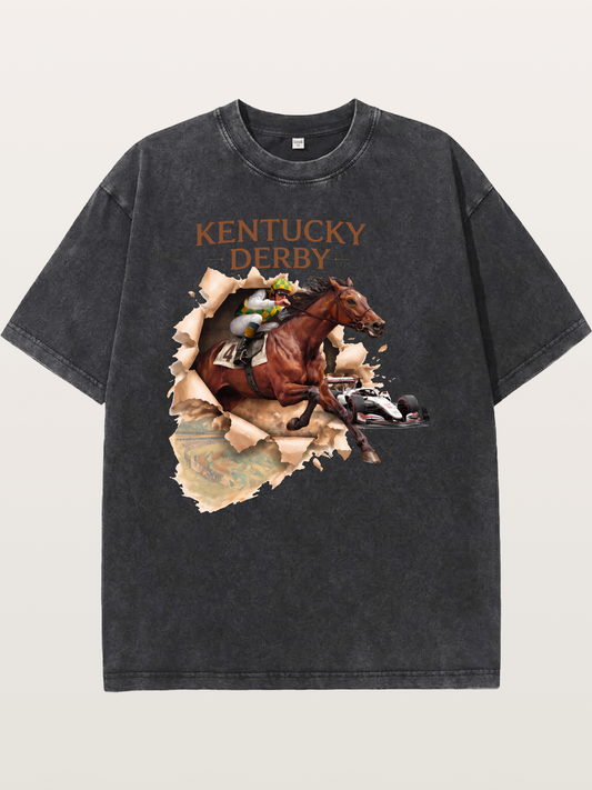 Derby Horse & Race Car Collage Design Washed T-shirt
