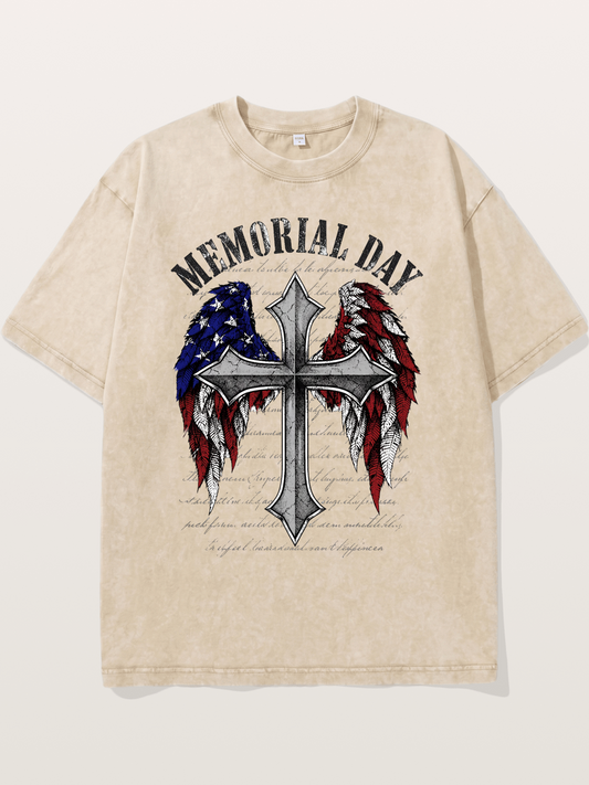 Memorial Day Cross Wings Art Washed T-shirt