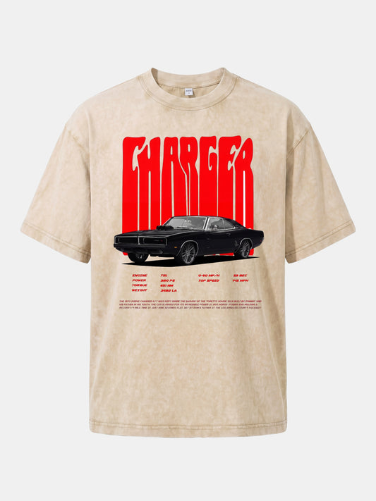 Red Charger Retro Muscle Print Washed T-shirt