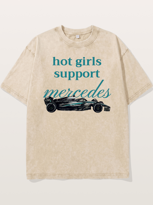 Mercedes F1 Racing Text Print Washed T-shirt