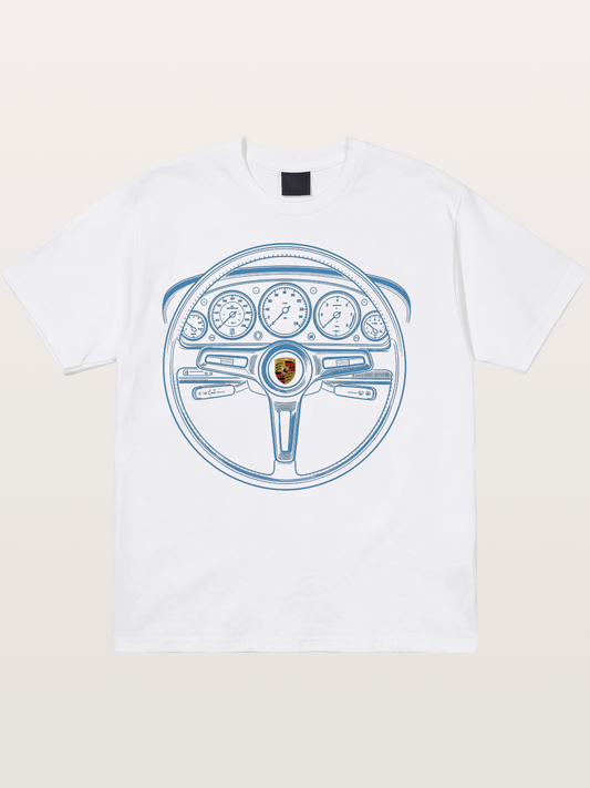 Porsche Classic Steering Wheel Blueprint Cotton T-shirt