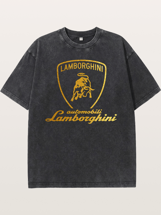 Lamborghini Gold Logo and Bull Shield Washed T-shirt