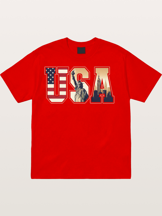 USA Letters Liberty City Skyline Cotton T-shirt