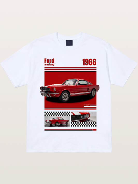 1966 Ford Mustang Fastback Red White Gildan T-shirt