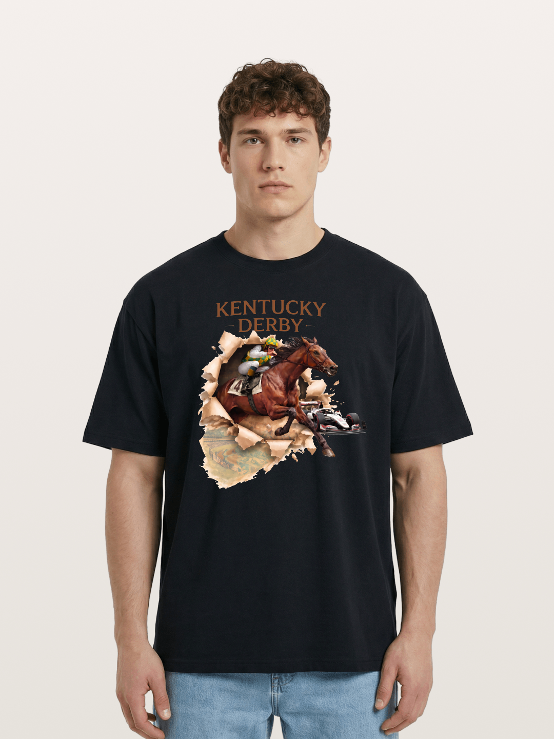 Derby Horse & Race Car Collage Design Cotton T-shirt
