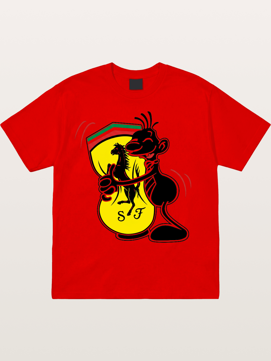 Cartoon Figure Embraces Ferrari Cotton T-shirt
