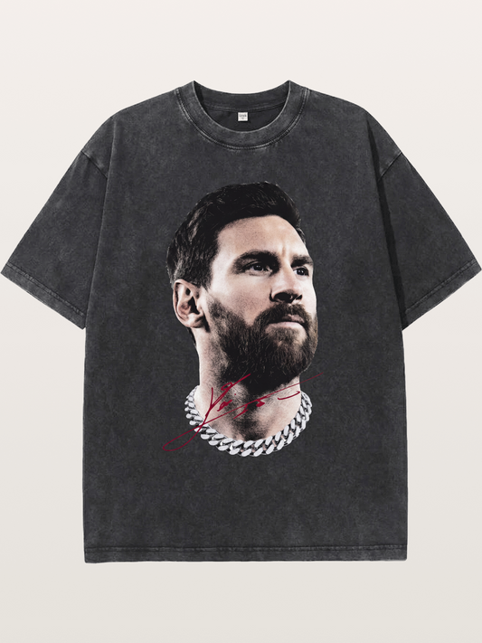 Messi Black White Signature Portrait Washed T-shirt