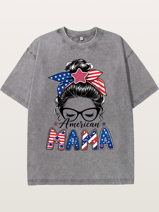 American Mama Messy Bun Art Washed T-shirt