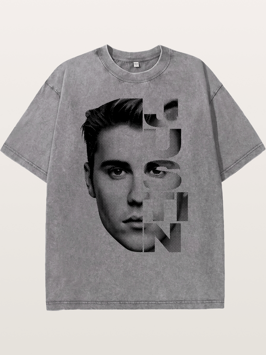 Justin Bieber Split Face Graphic Washed T-shirt