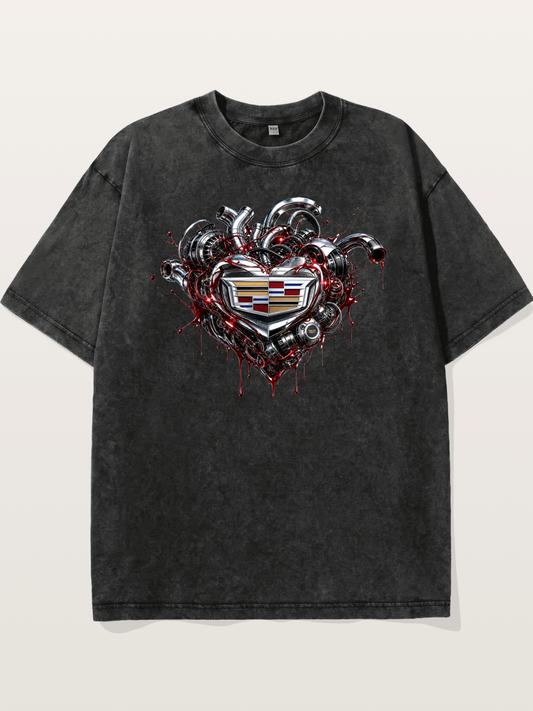 Cadillac Engine Heart Design Washed T-shirt