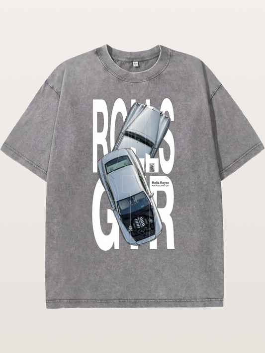 Silver Rolls Royce Overlay Print Washed T-shirt