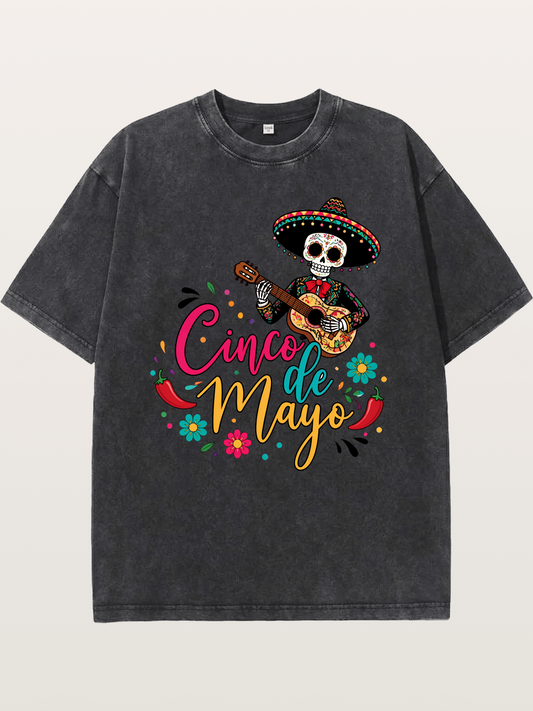 Cinco De Mayo Sugar Skull Graphic Washed T-shirt