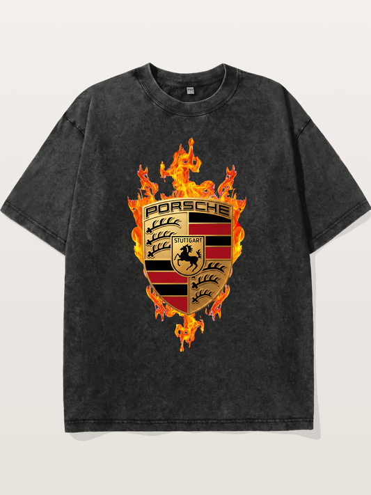 Porsche Flaming Logo Print Washed T-shirt