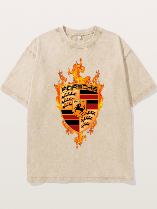 Porsche Crest Fire Flame Design Washed T-shirt