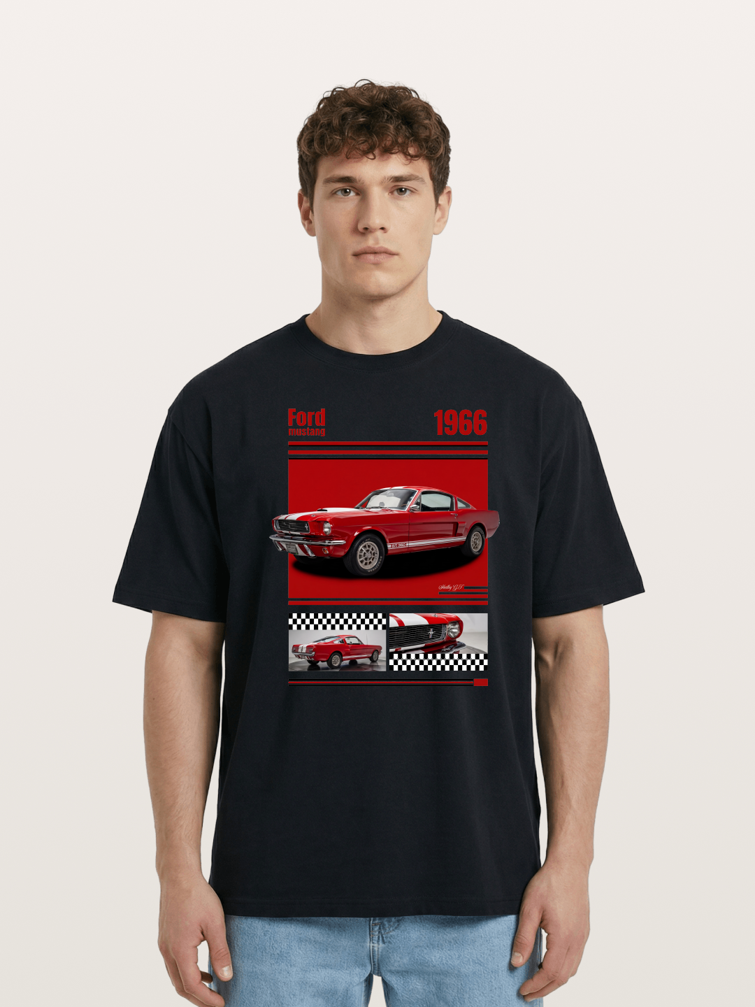 1966 Ford Mustang Fastback Red White Cotton T-shirt