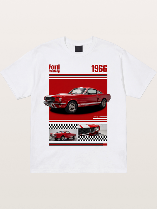1966 Ford Mustang Fastback Red White Cotton T-shirt