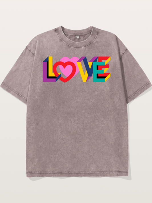 3D Love Typography With Heart Washed T-shirt