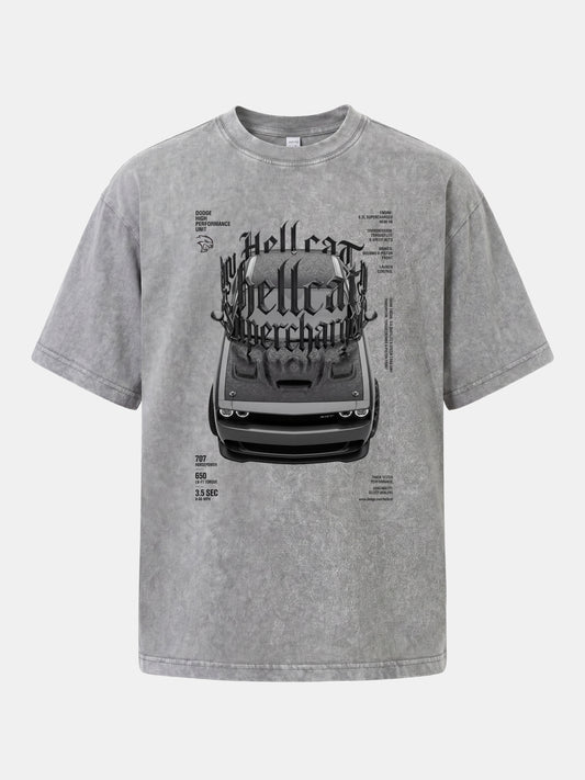 Gothic Hellcat Front View Print Washed T-shirt