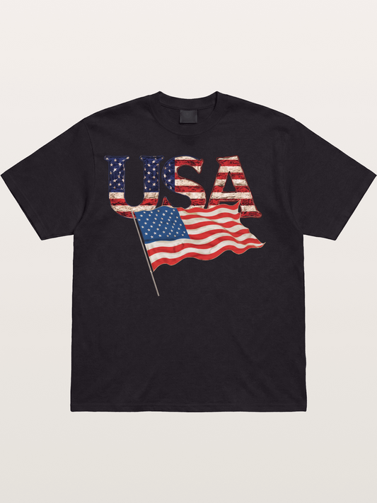 USA Letters American Flag Texture Cotton T-shirt
