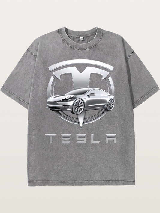 Tesla Silver Metallic Logo Print Washed T-shirt