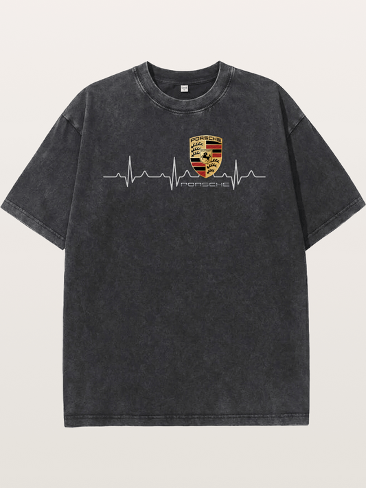 Porsche Heartbeat ECG Line Design Washed T-shirt