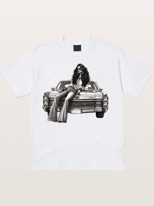 Retro Cadillac & Woman Sketch Cotton T-shirt