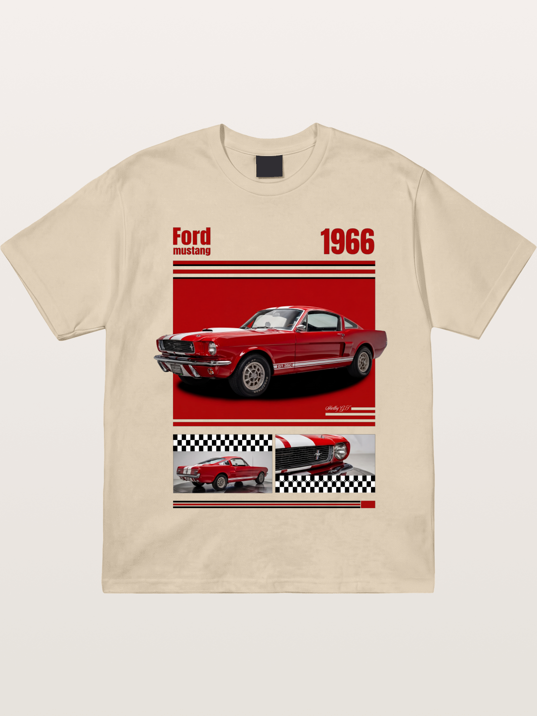 1966 Ford Mustang Fastback Red White Gildan T-shirt