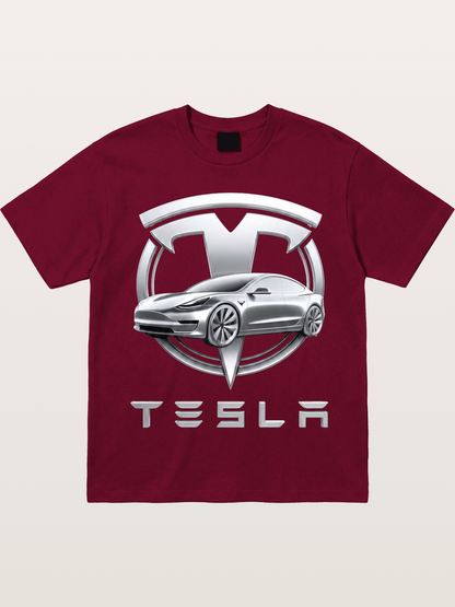 Tesla Silver Metallic Logo Print Gildan T-shirt