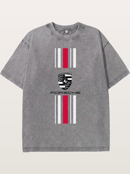 Porsche Crest Striped Design Washed T-shirt