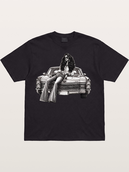 Retro Cadillac & Woman Sketch Cotton T-shirt
