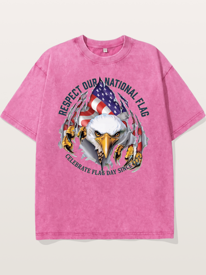 Ripped Flag Eagle Patriotic Print Washed T-shirt