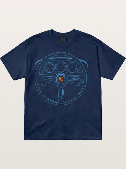 Porsche Classic Steering Wheel Blueprint Cotton T-shirt