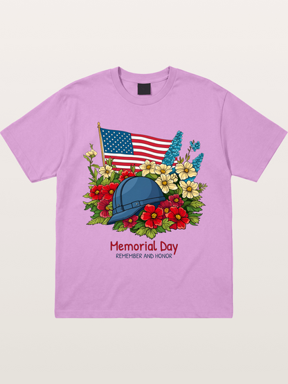 Memorial Day Flowers Helmet American Flag Gildan T-shirt