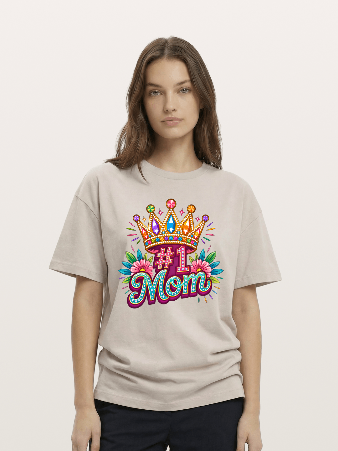 #1 Mom Crown Floral Graphic Cotton T-shirt