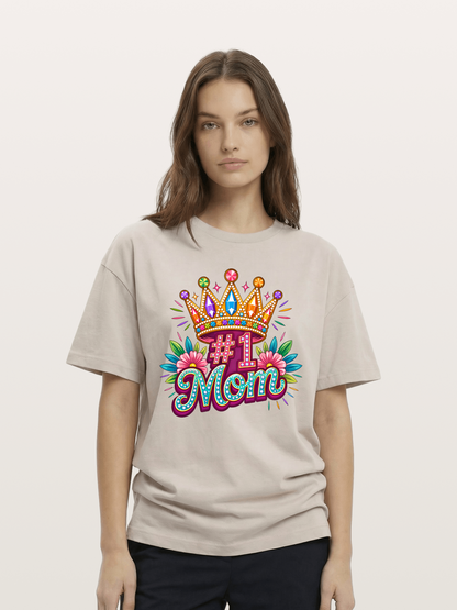 #1 Mom Crown Floral Graphic Cotton T-shirt