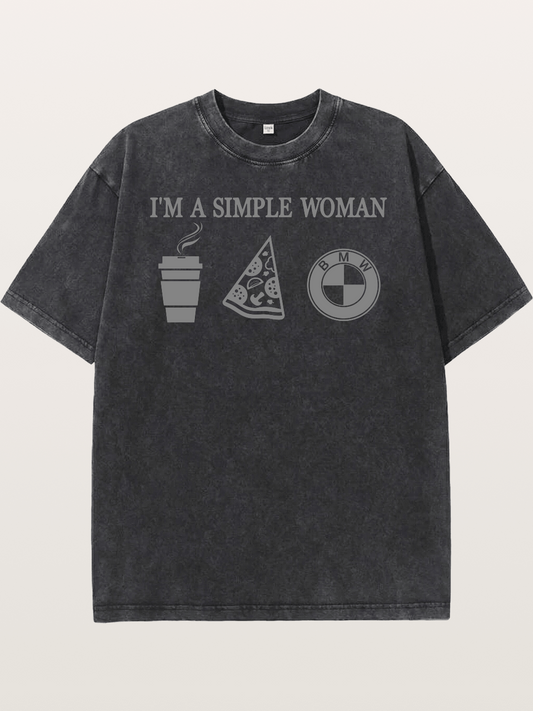 Simple Woman BMW Coffee Pizza Art Washed T-shirt