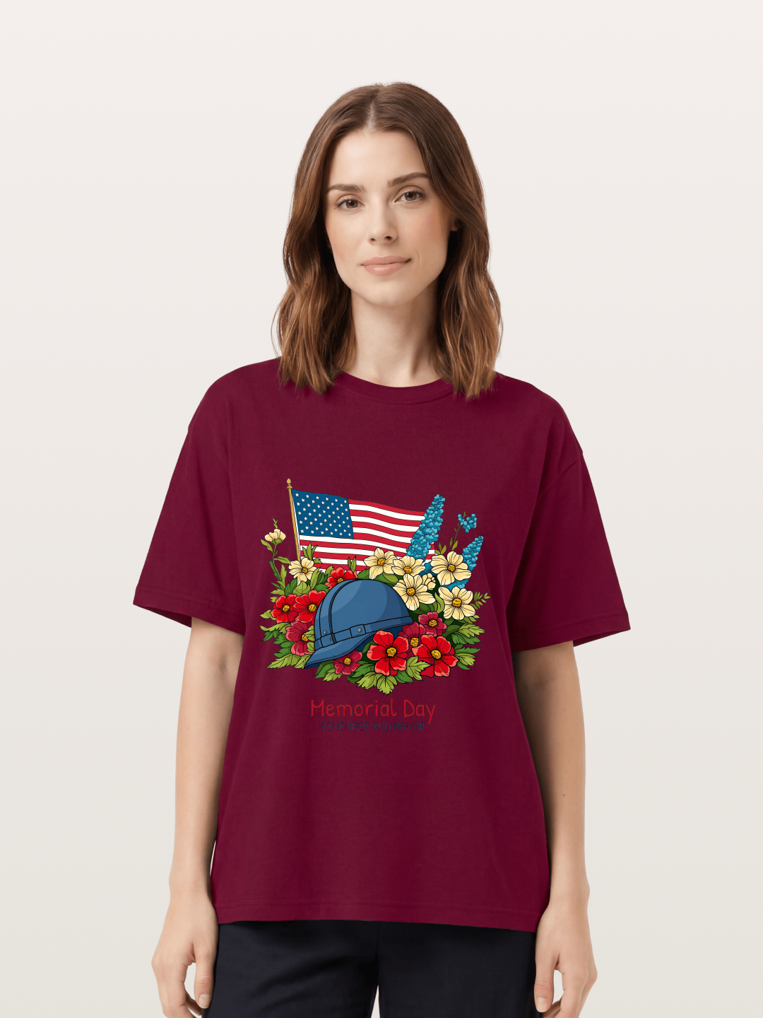Memorial Day Flowers Helmet American Flag Gildan T-shirt