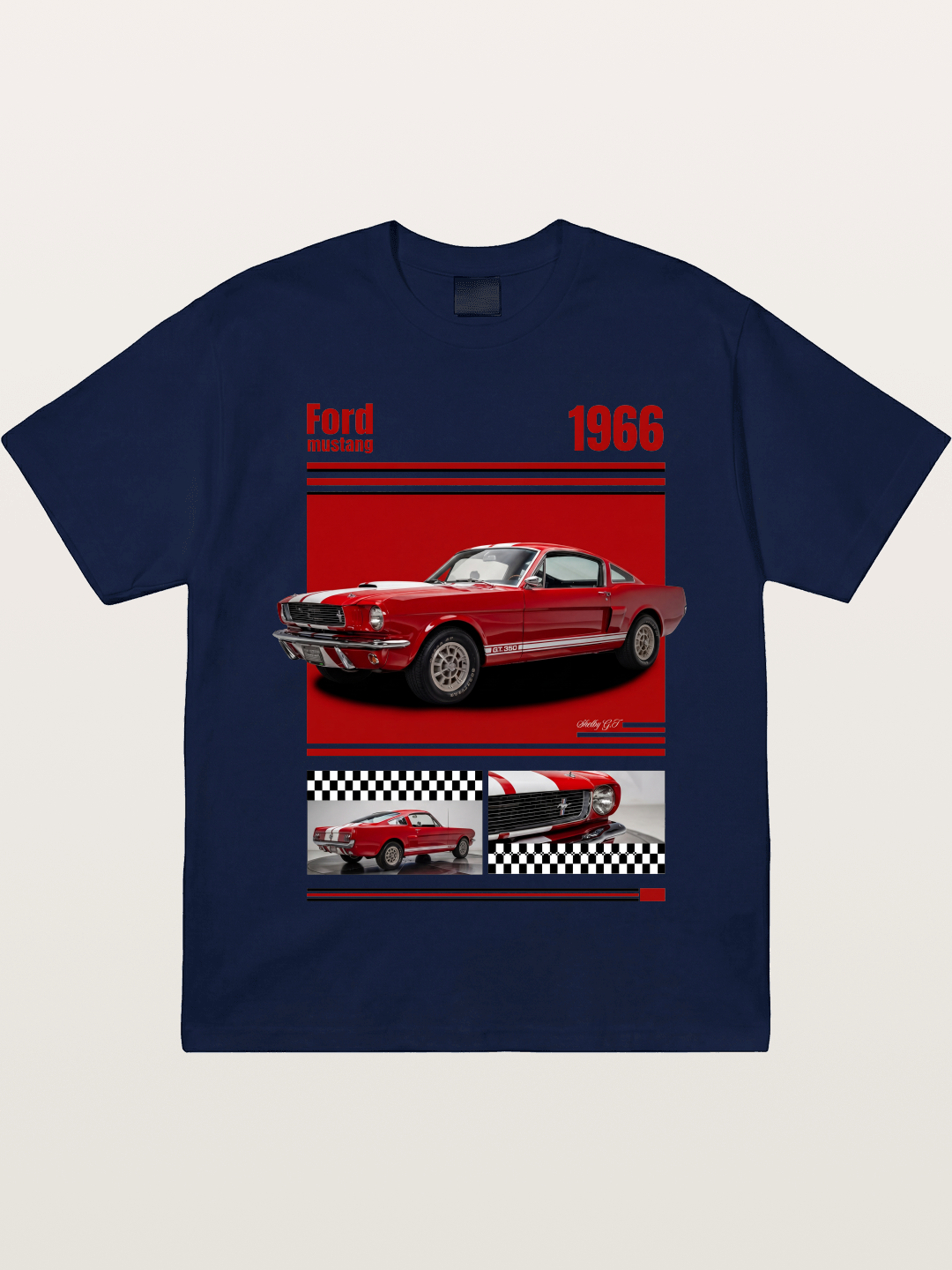 1966 Ford Mustang Fastback Red White Gildan T-shirt