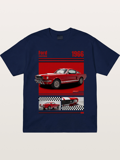 1966 Ford Mustang Fastback Red White Gildan T-shirt