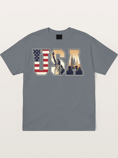 USA Letters Liberty City Skyline Cotton T-shirt
