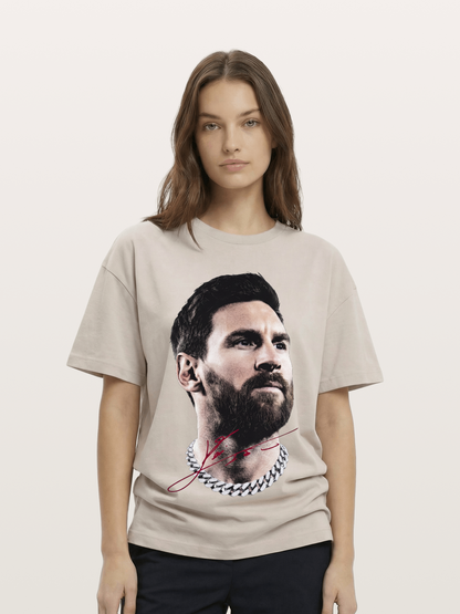 Messi Black White Signature Portrait Cotton T-shirt
