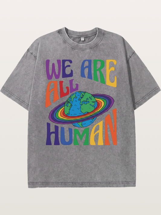 We Are All Human Rainbow Earth Design Washed T-shirt