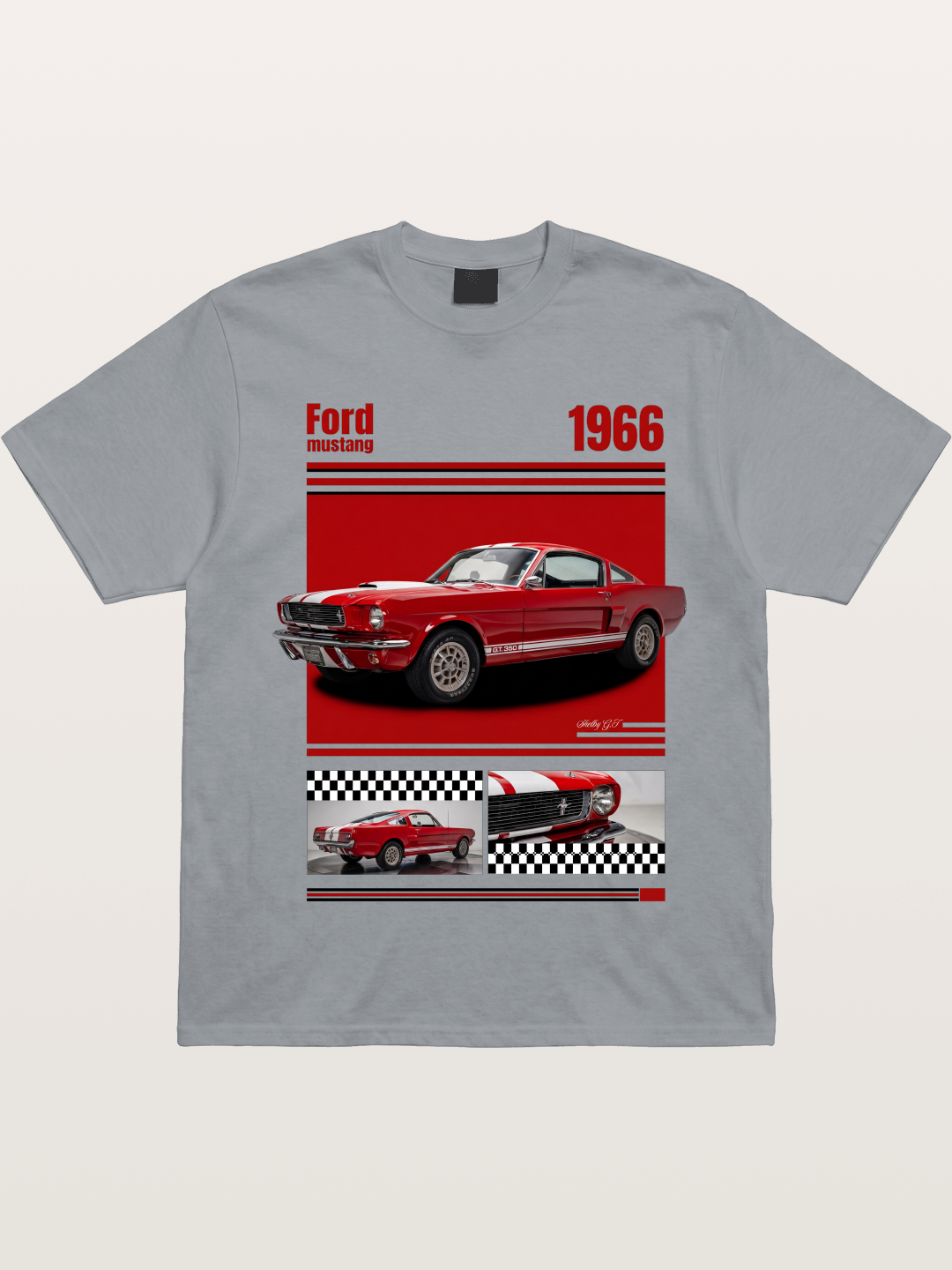 1966 Ford Mustang Fastback Red White Gildan T-shirt