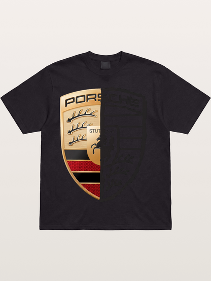 Porsche Crest Split Black And Gold Cotton T-shirt